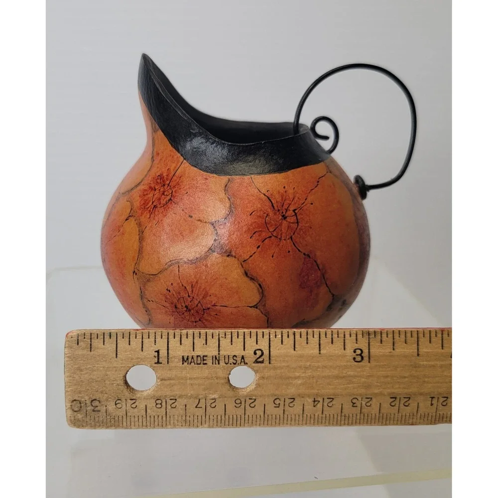 VTG Handcrafted Real Gourd Pitcher Vase Folk Art Floral w/ Handle 3 1/2